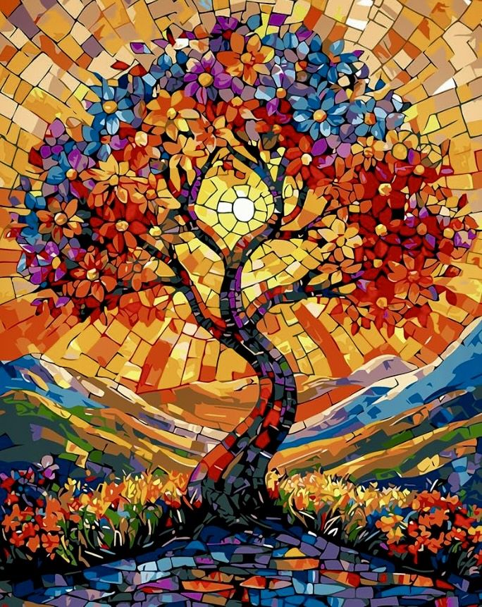 Colorful mosaic artwork of a twisting flowering tree at sunset over hills