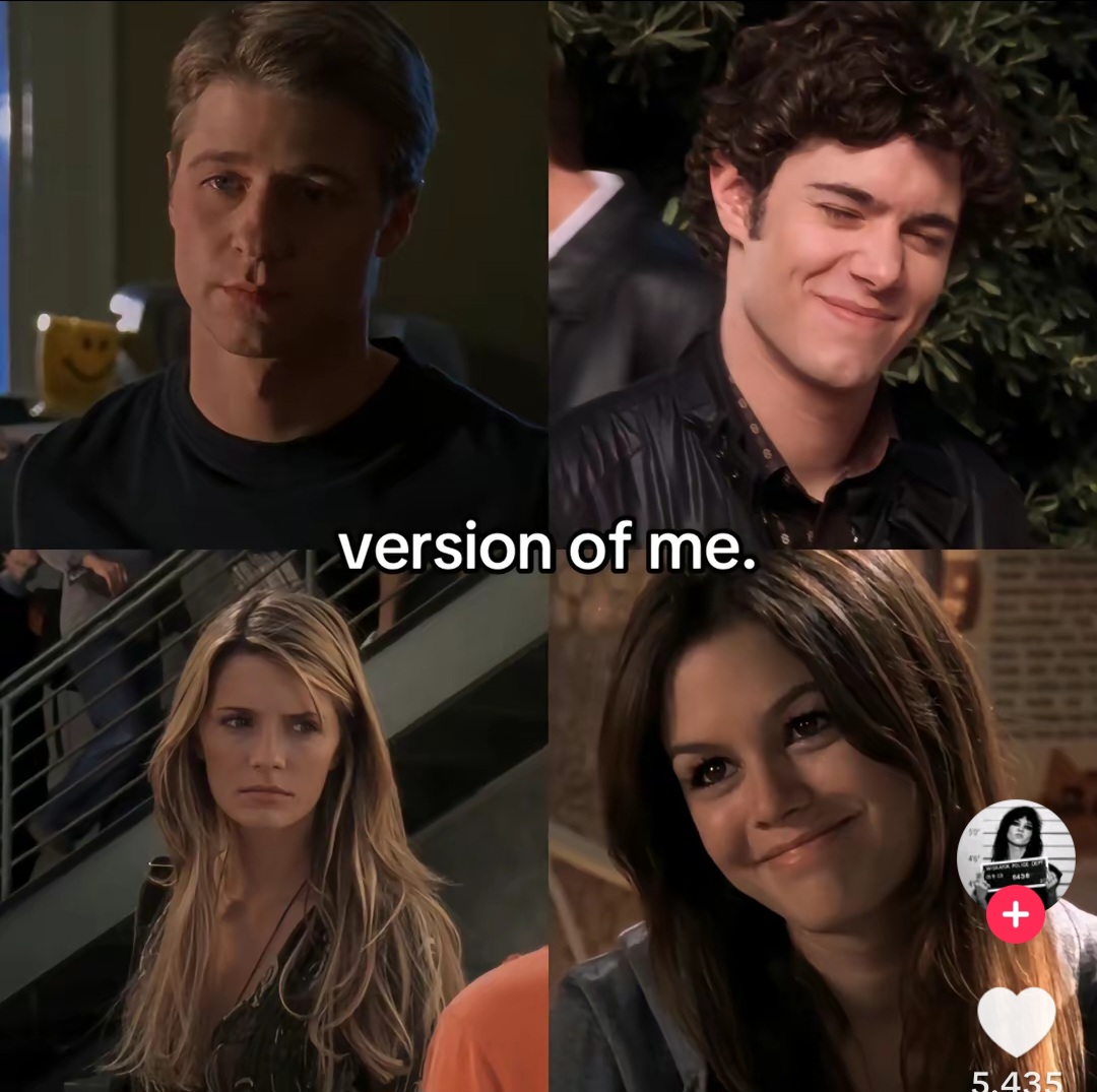 Four-panel collage showing two young men and two young women with the text "version of me."