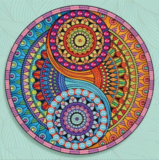 Colorful yin yang mandala with intricate geometric patterns and dots in circular design