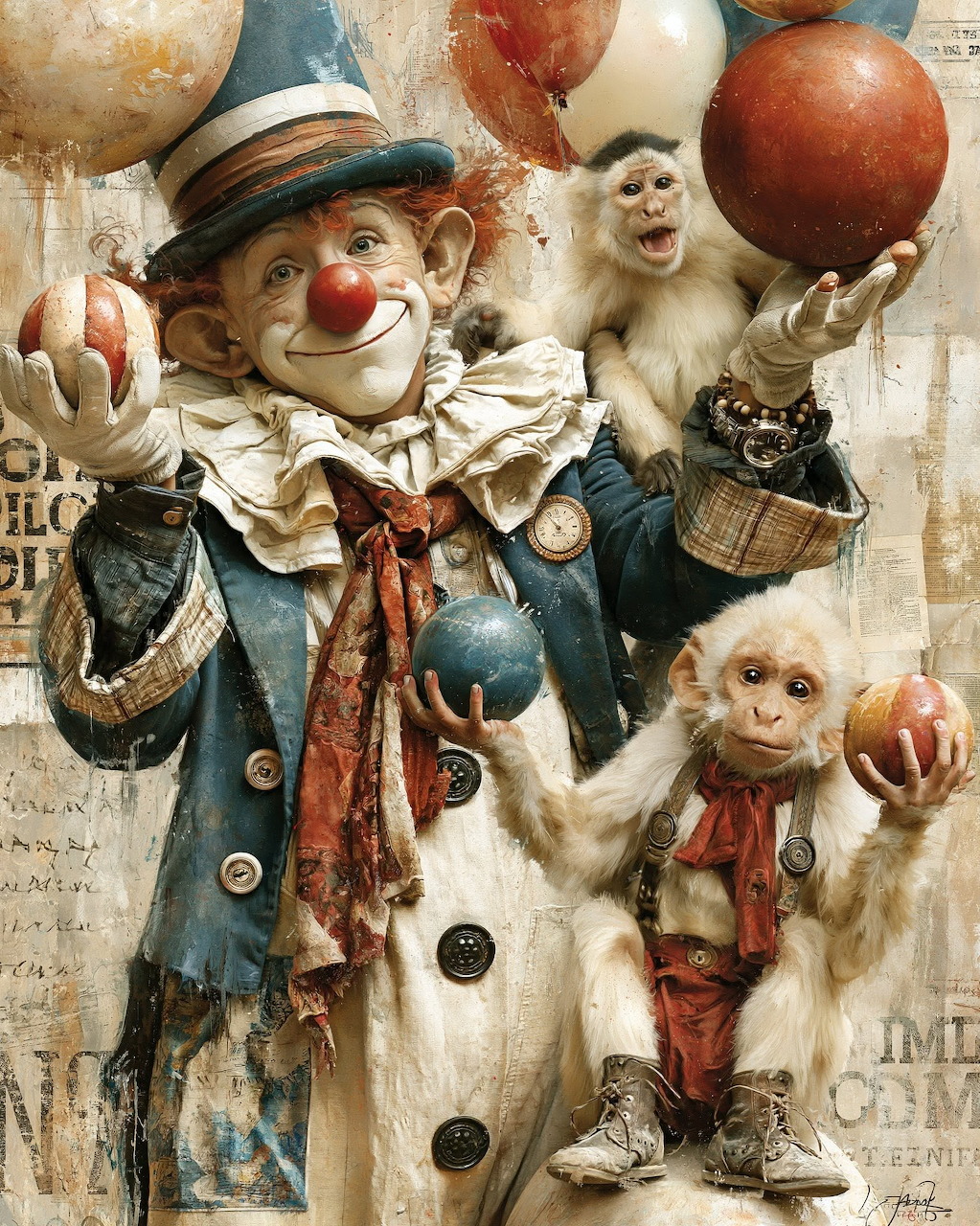 Vintage-style clown with two monkeys holding juggling balls