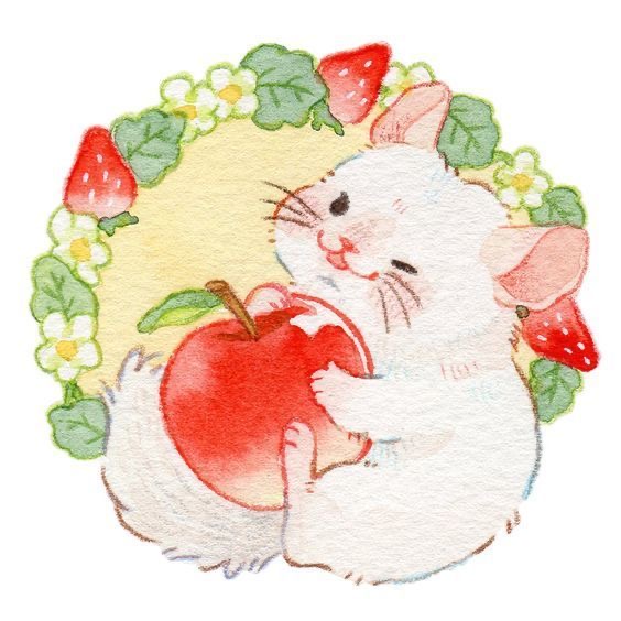 Watercolor illustration of a cute white hamster holding a red apple surrounded by strawberries and flowers