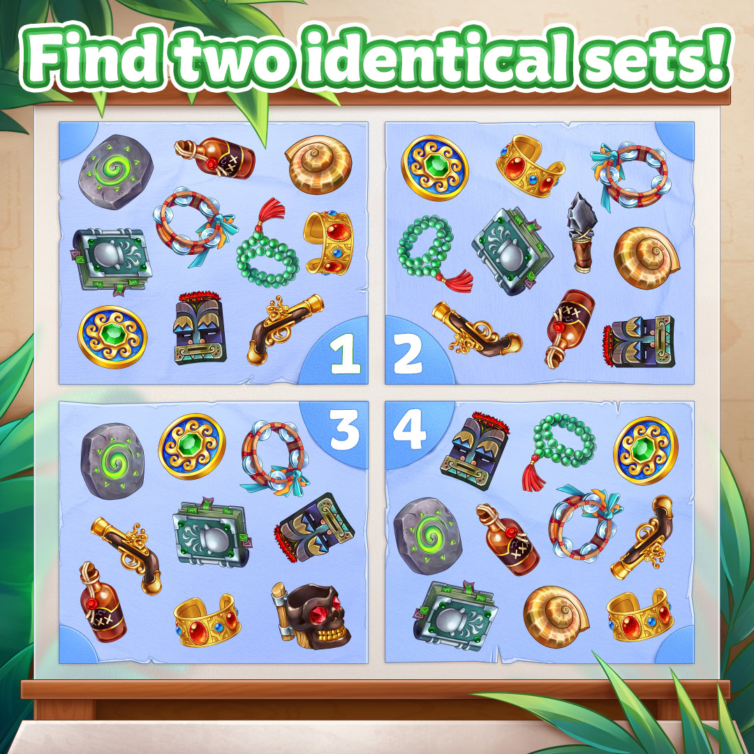 Colorful cartoon matching puzzle board with four numbered panels of small objects