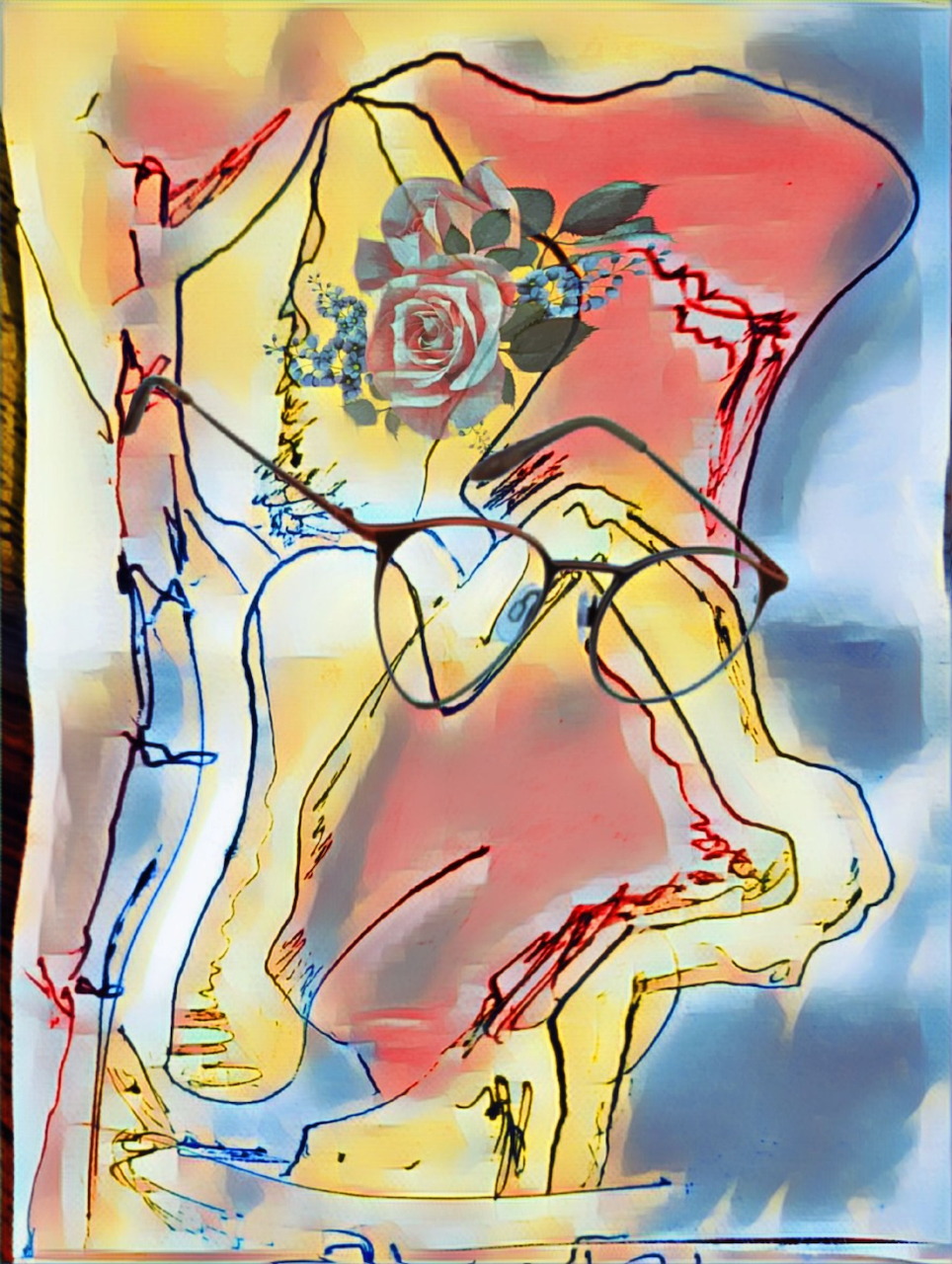 Abstract painting of a seated figure with sketchy outlines and red, blue, and yellow washes