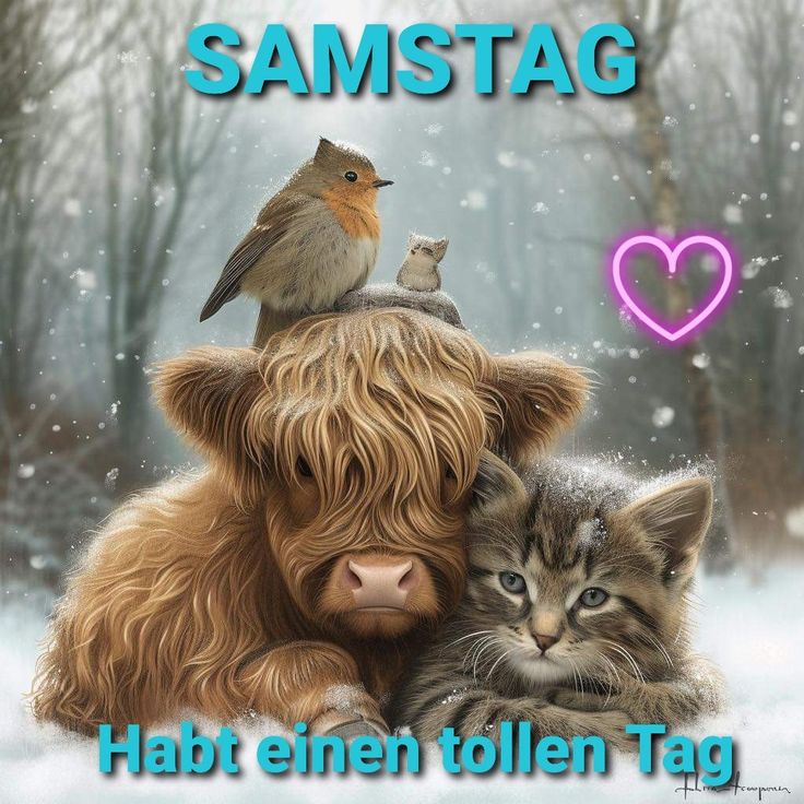 Illustrated highland cow with kitten and two birds in a snowy forest, plus German text and a neon heart