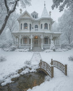 Snow-covered Victorian house with turet, porch, and small bridge over stream in heavy snowfall