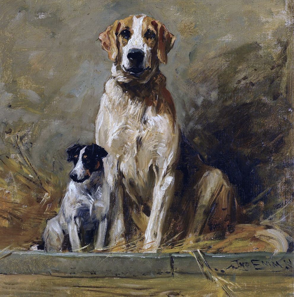 Oil painting of two dogs, a large tan hound and small black and white spaniel, sitting together on stone surface