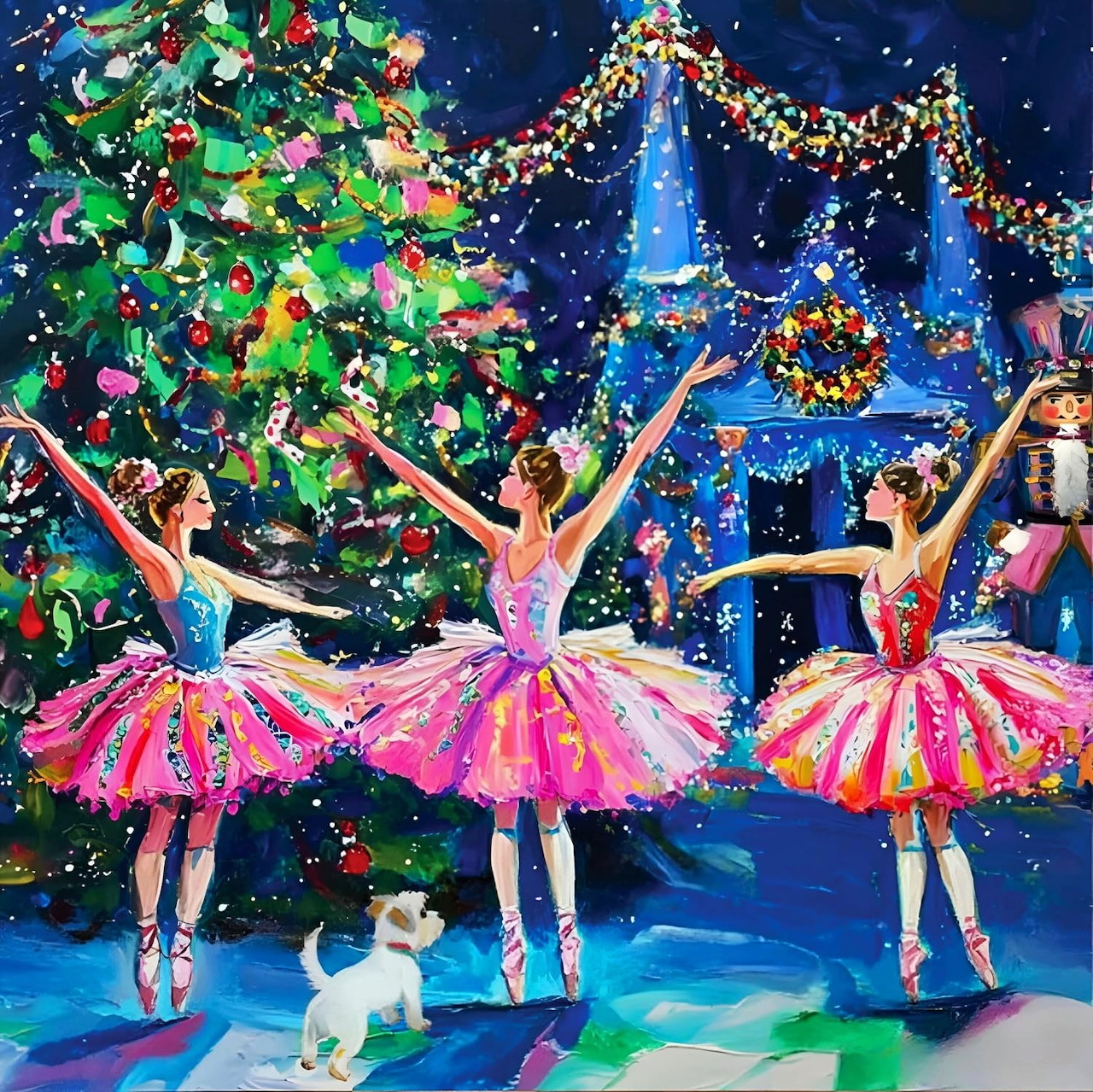 Three ballet dancers in pink tutus performing with Christmas tree and small white dog on stage