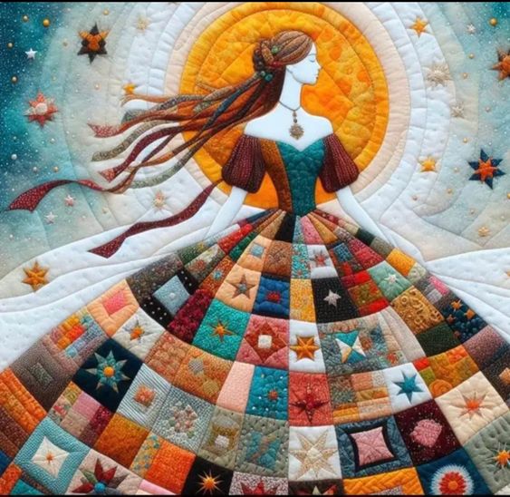 Woman with flowing hair wearing a dress of multicolored patchwork quilt squares, sun behind her, stars in sky