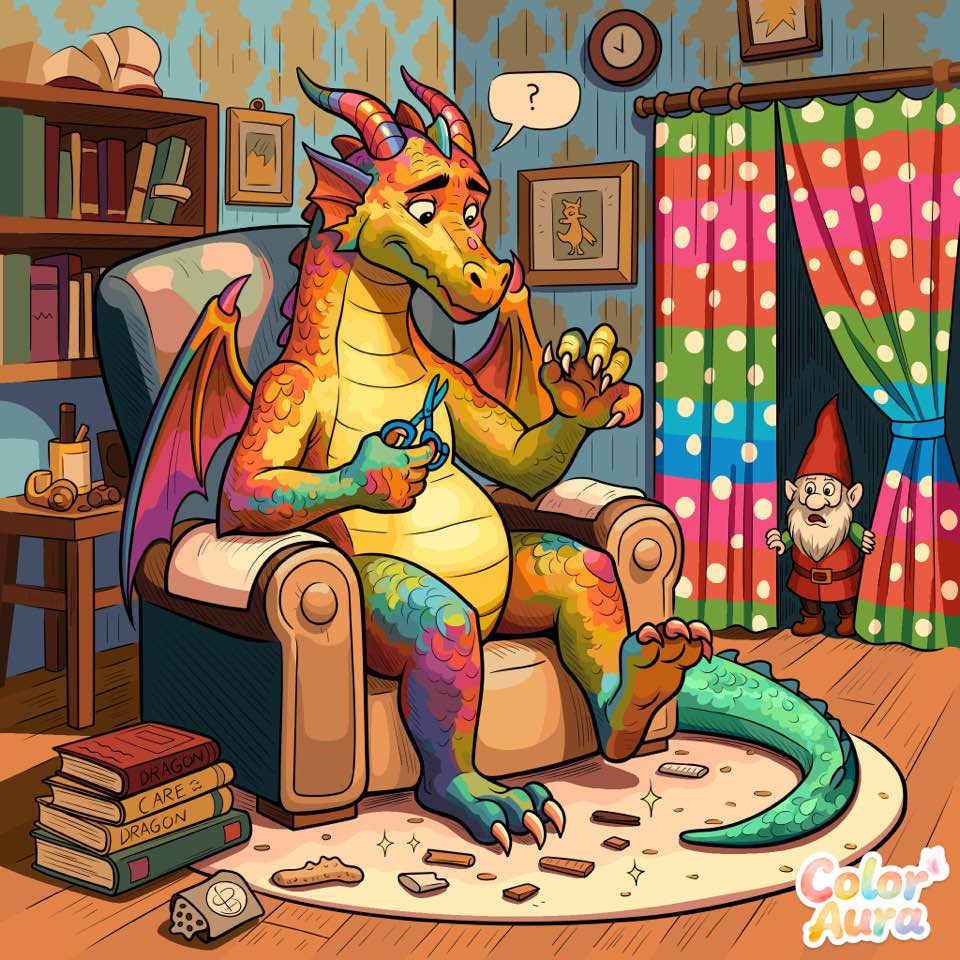 Cheerful cartoon dragon with rainbow wings reading in a cozy armchair surrounded by books and colorful home decor