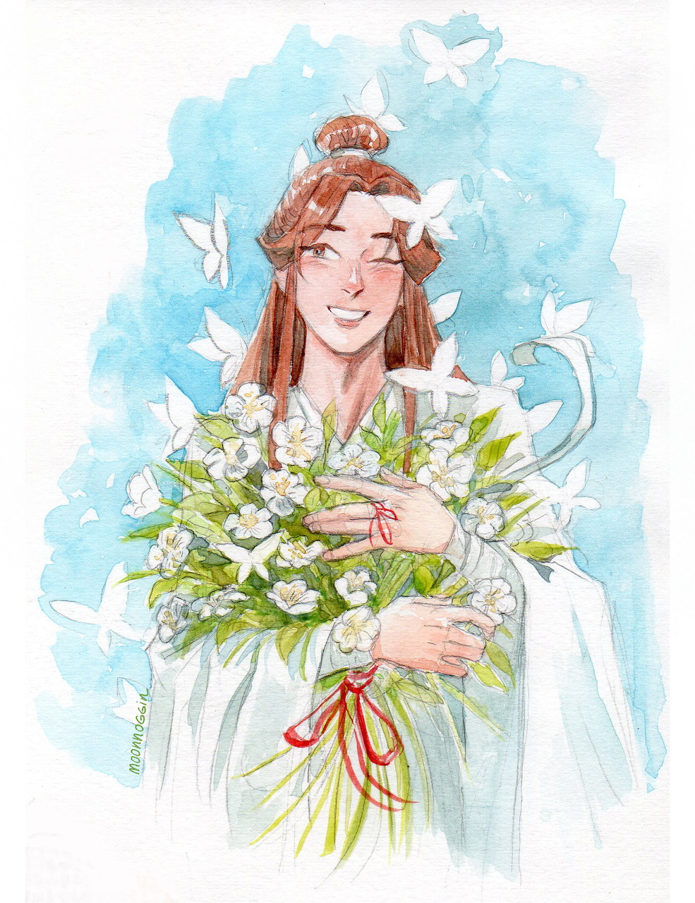 Watercolor illustration of Xie Lian holding white flowers with butterflies around him on a blue background