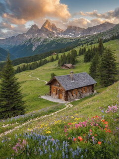 Wooden mountain cabin on flowered meadow with peaks behind