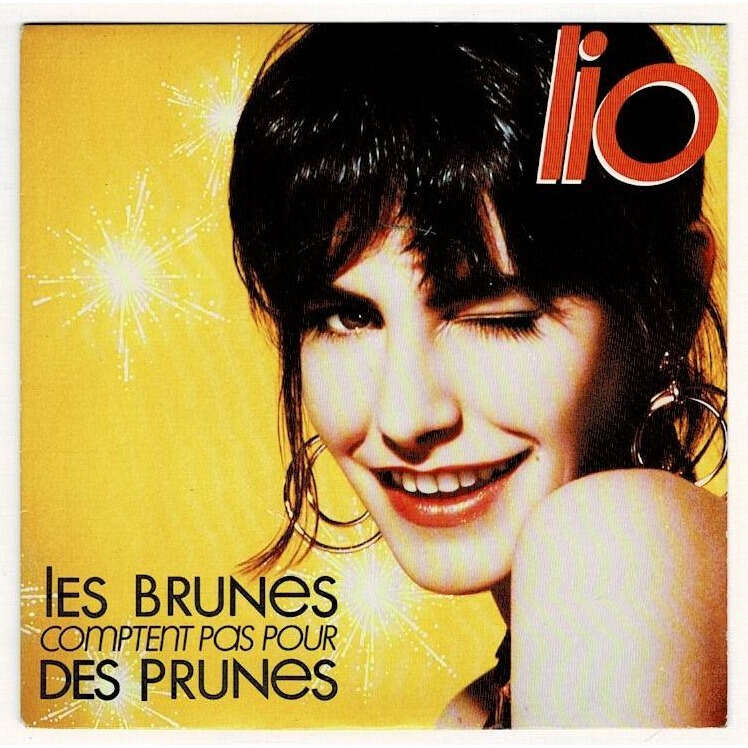 Portrait of a smiling woman winking on a yellow album-cover style background