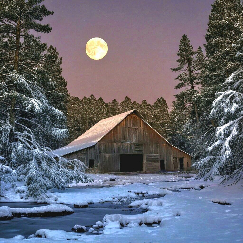 Snowy Barn Under Full Moon