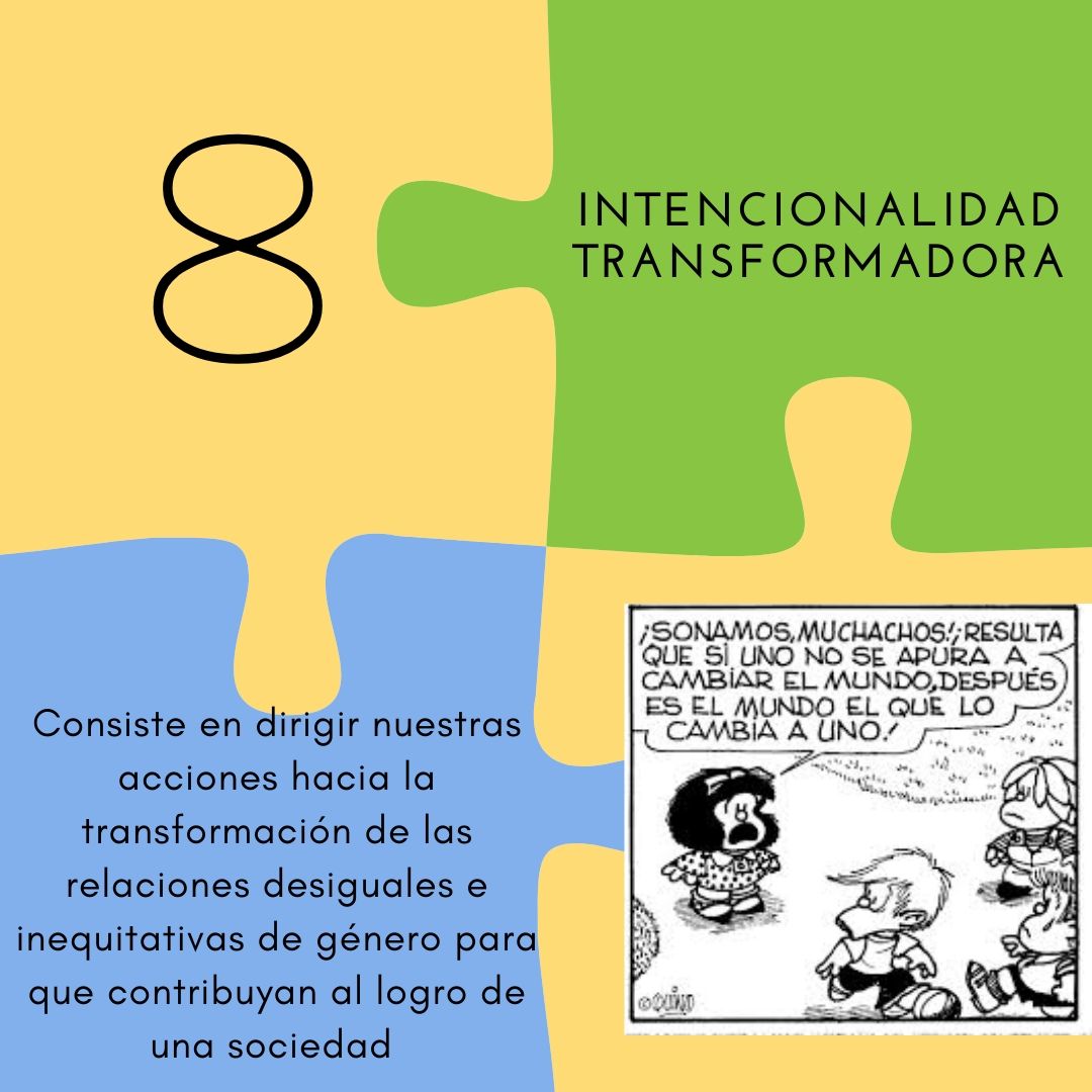 Graphic poster with colored puzzle-piece shapes, Spanish text, number 8, and a small comic strip