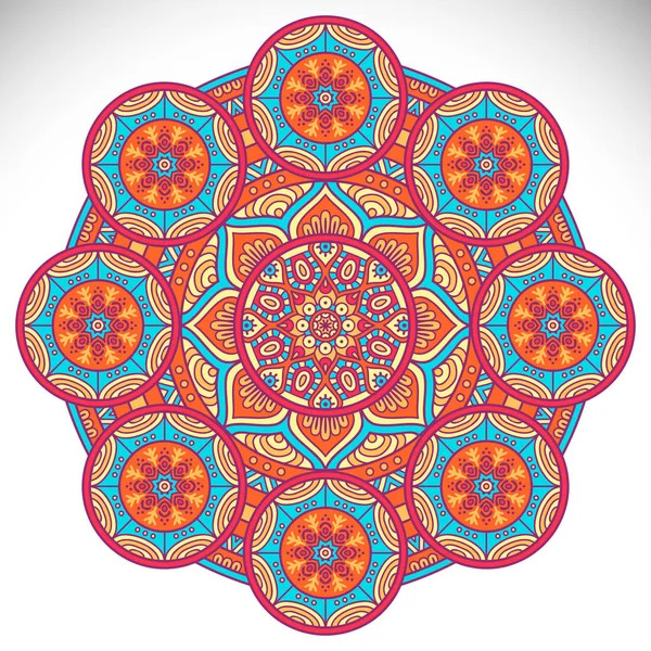Colorful symmetrical mandala with geometric patterns in red, blue, and yellow with ornate floral center