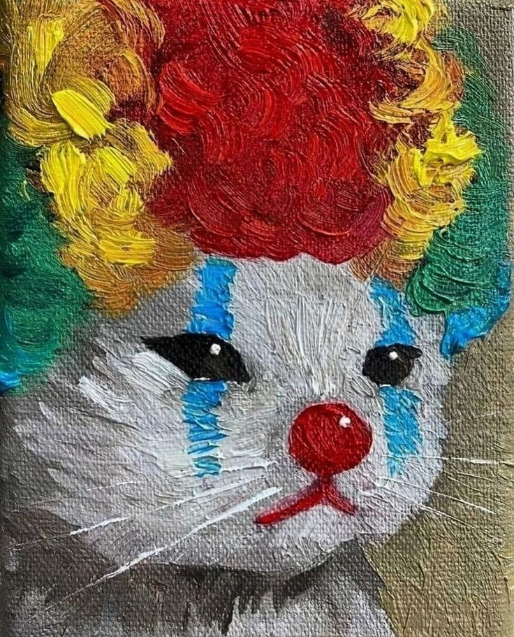 Cat dressed as a clown with colorful face paint and ruffled collar
