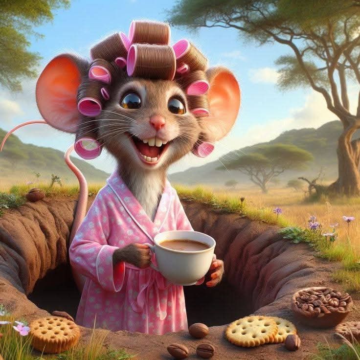 Mouse in Curlers with Coffee