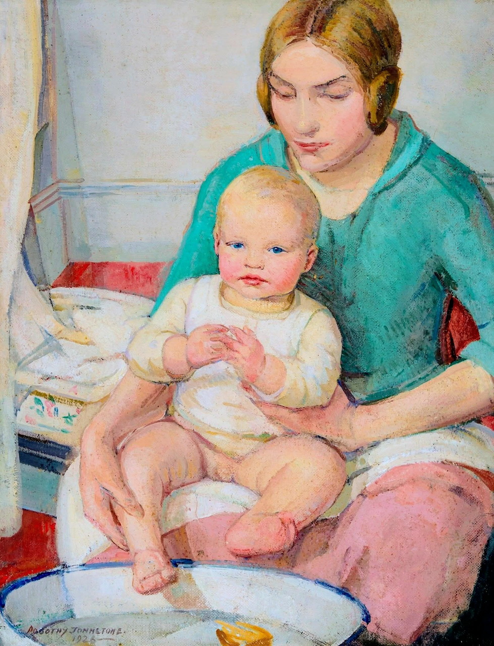 Oil painting of a mother holding her baby boy who sits in a basin