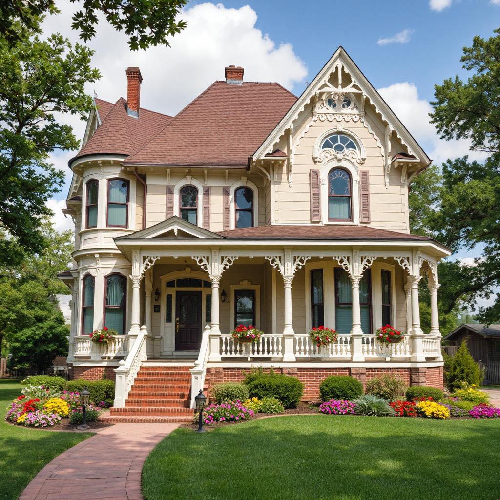 Victorian house with turret, wrap-around porch, ornate details, and colorful gardens in front yard