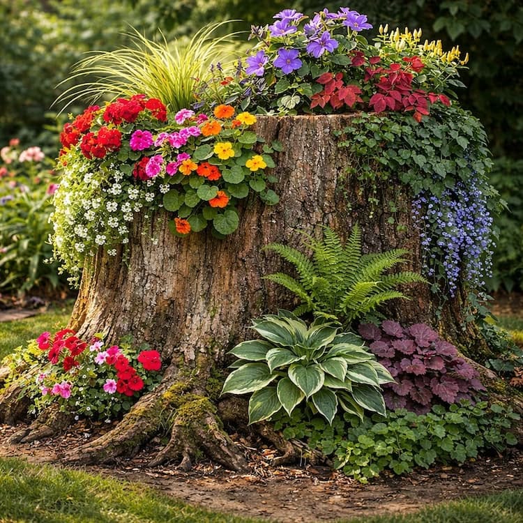 Colorful flowers and plants arranged on and around a weathered tree stump in a garden