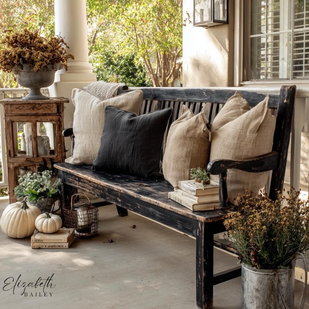Rustic porch bench with pillows, pumpkins, books, and potted flowers in autumn sunlight
