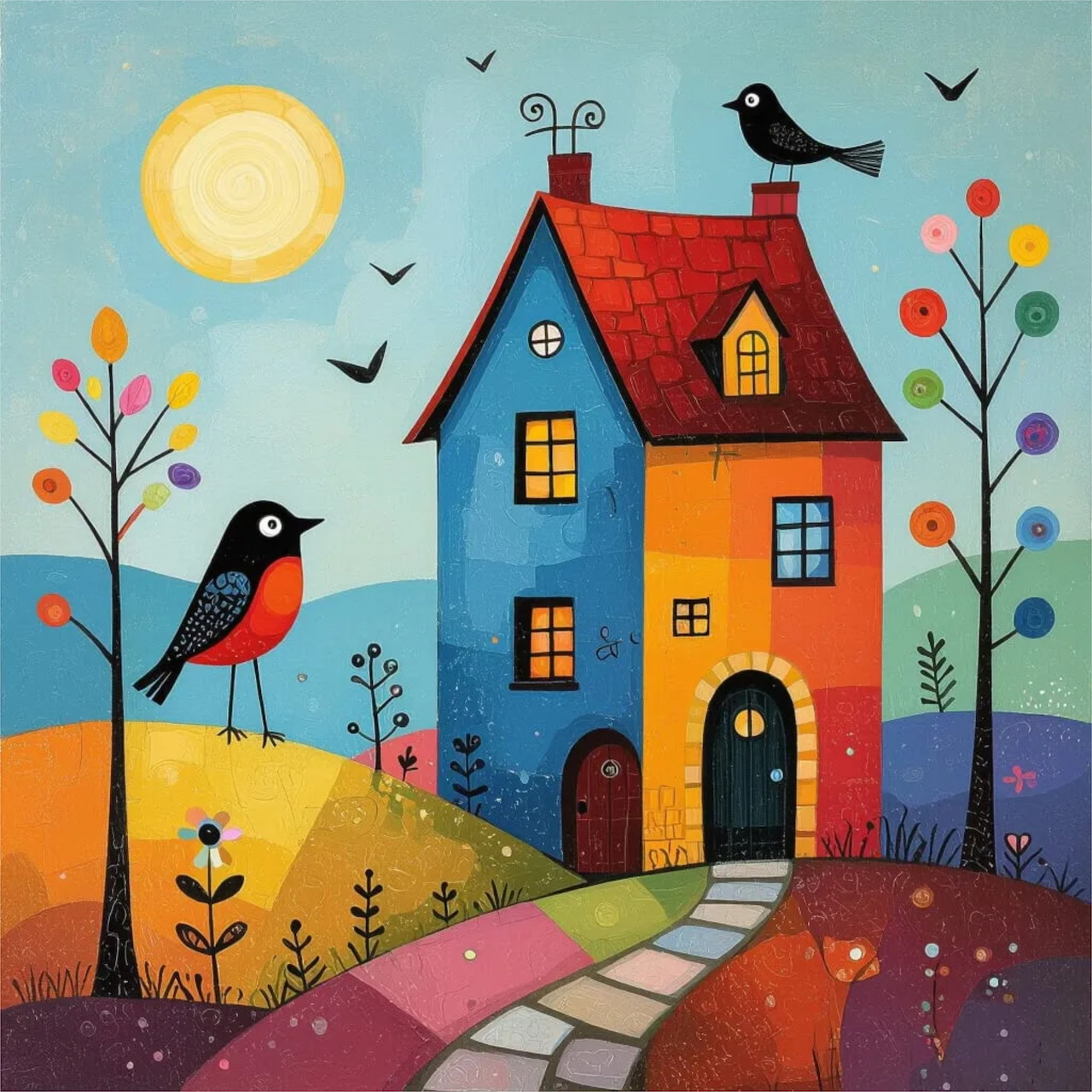 Colorful Cottage with Birds