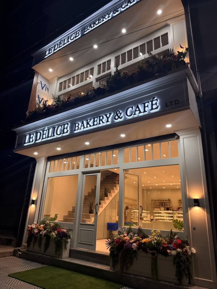 French bakery and café storefront with pastries and outdoor seating