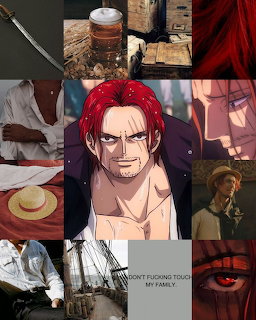 Collage of Shanks character from One Piece anime with pirate elements and red curtain background