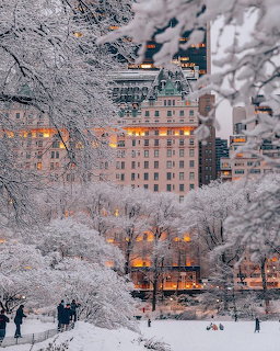 Snow-covered park with illuminated buildings and people walking at dusk in winter cityscape