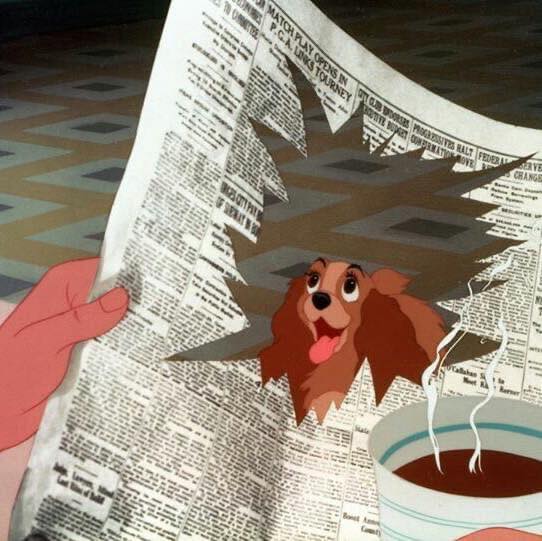 Cartoon brown dog peeking through a torn newspaper near a cup on a table