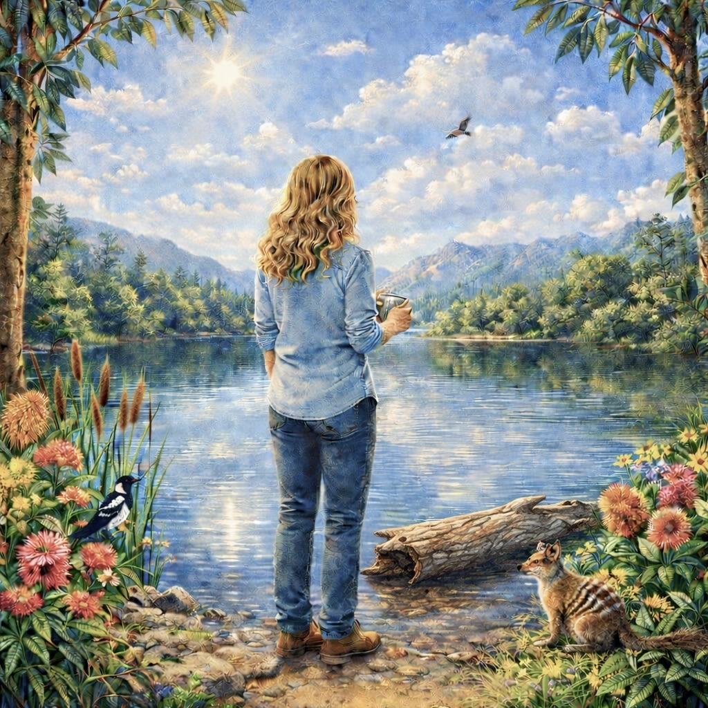 Woman standing by tranquil lake with mountain backdrop and colorful flowers framing the scene