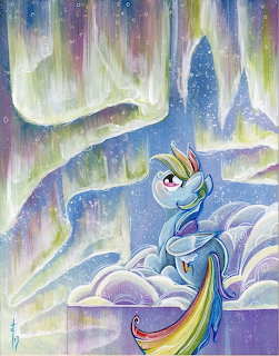 Rainbow Dash pony with multicolored mane sitting before luminous aurora and ice crystals