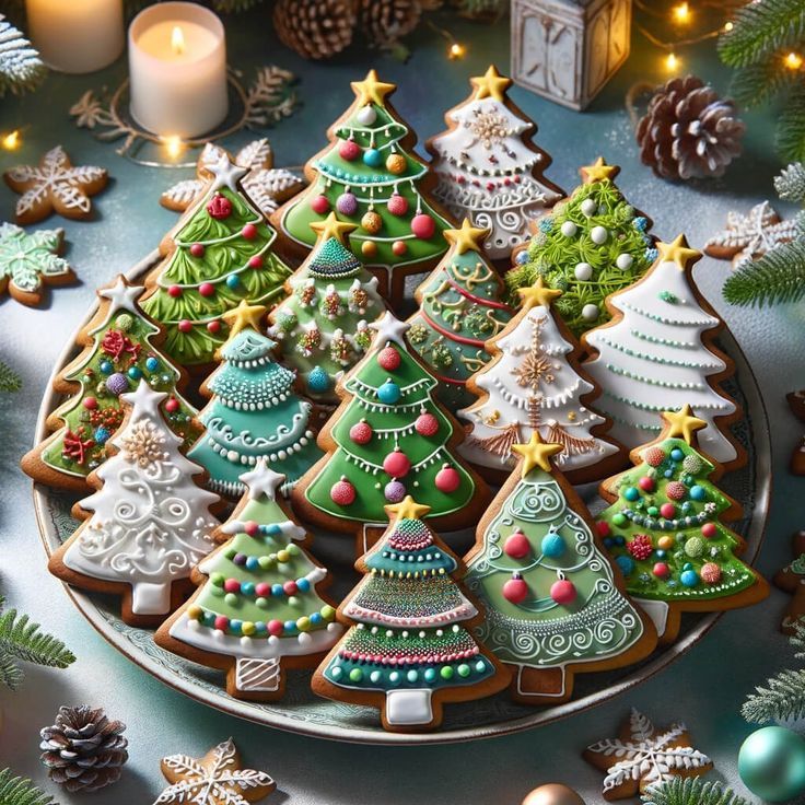 Colorful decorated Christmas tree cookies on a plate surrounded by holiday decorations including candles and pine cones