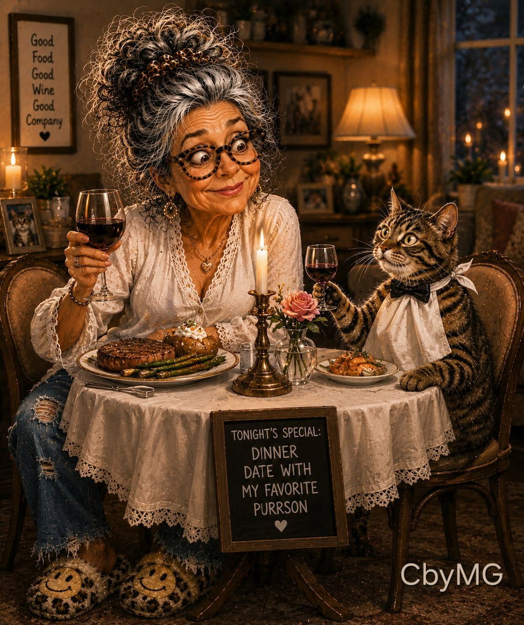 Elderly woman holding wine glass at candlelit dinner table with tabby cat wearing a bow tie