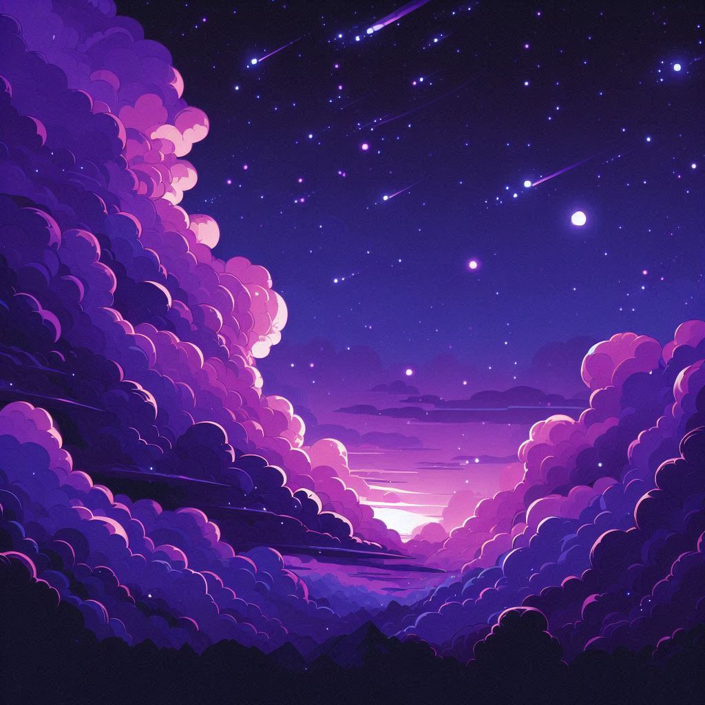 Illustration of purple clouds, glowing horizon, and a starry night sky with meteors