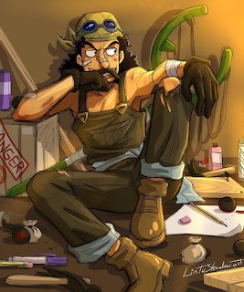 Anime character Usopp in goggles sitting with slingshot in workshop