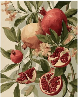 Botanical painting of pomegranates, some cut open showing red seeds, surrounded by green leaves and pink flowers