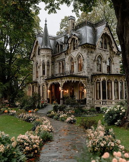 Gothic Victorian stone mansion with spires and arched windows surrounded by rose gardens and green lawn