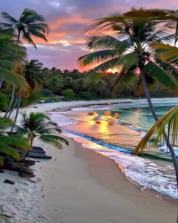 Palm trees along a sandy tropical beach at sunset with colorful reflections on the water