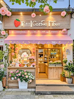 Cute pink café exterior with wooden décor, rose decorations, strawberry sign, and pastry display