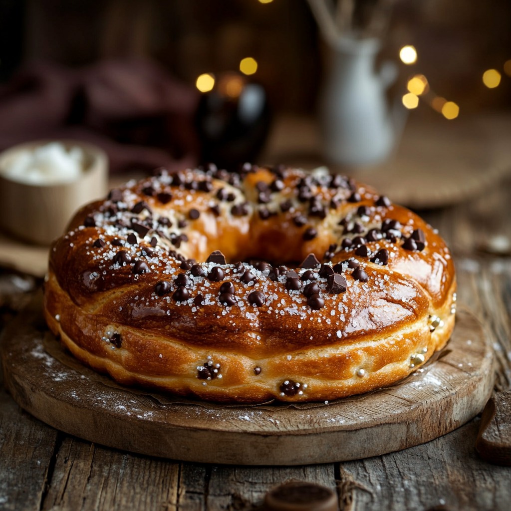 Golden brioche ring cake with pearl sugar and chocolate chips on rustic wooden board