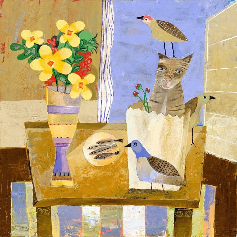 Painted still life of gray cat in bag on table with yellow flowers and decorative birds