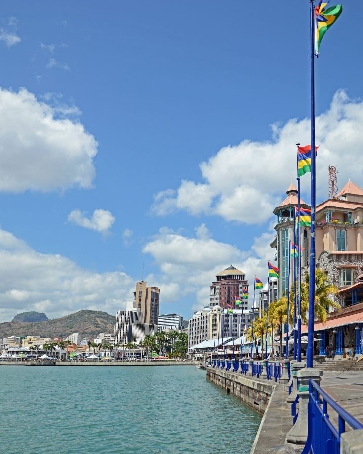 Waterfront promenade in Port Louis, Mauritius, with flags, palm trees, and city buildings under blue sky