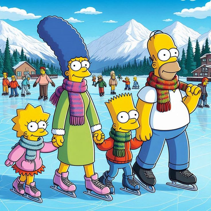 The Simpson family ice skating outdoors in winter with mountains behind them