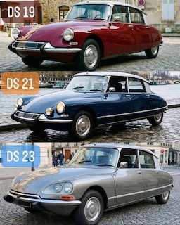Collage of three Citroën DS classic cars: red DS 19, blue DS 21, and grey DS 23 on cobblestone streets
