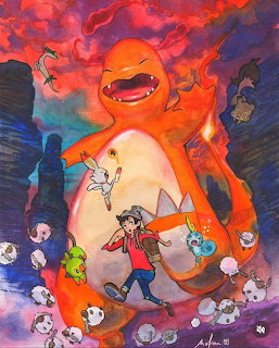 Illustration of giant Charmander looming over trainer and small Pokémon in colorful dramatic sky