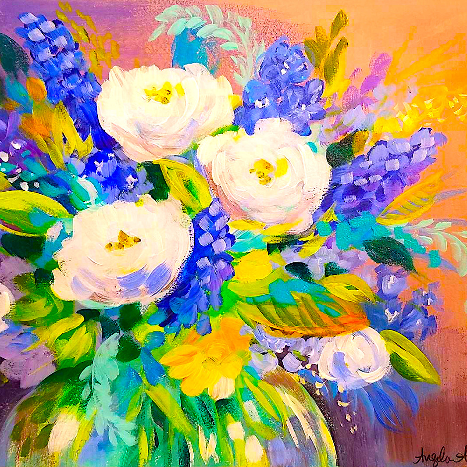 Colorful impressionist flower painting with white roses, purple hyacinths and yellow blooms in bold brushstrokes