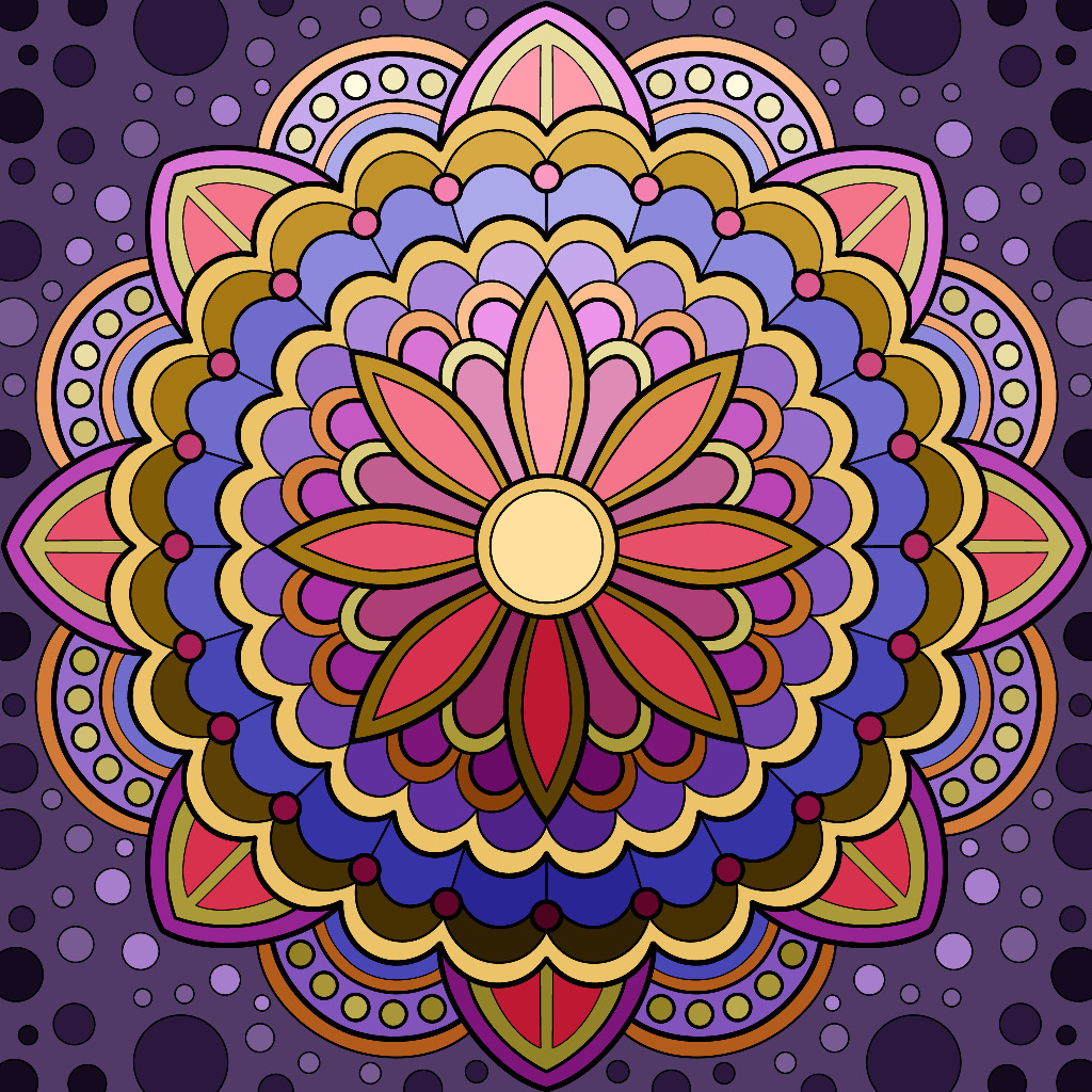 Colorful mandala with layered flower petals in pink, blue, gold on purple dotted background
