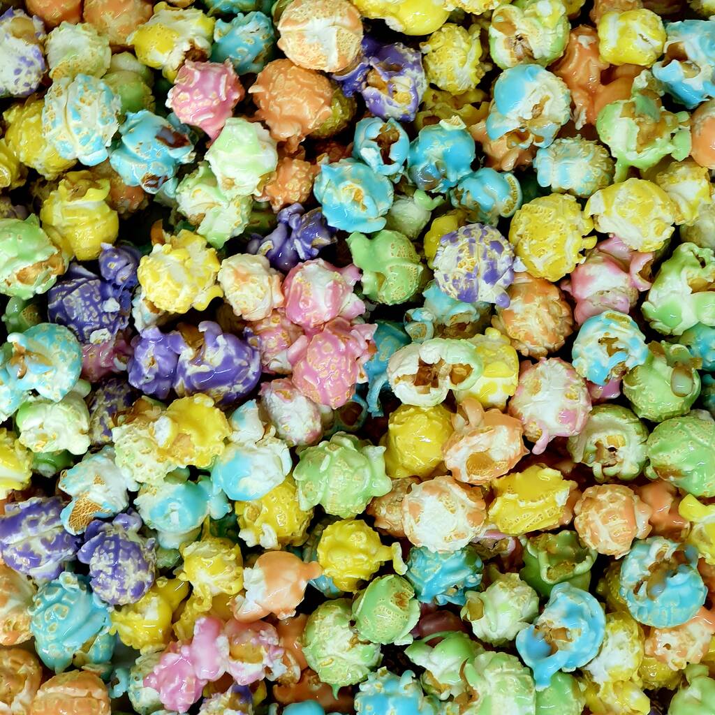 Close-up of colorful pastel popcorn filling the entire frame