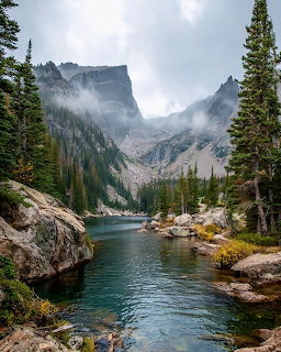 Turquoise alpine lake with rocky shores, pine trees, and misty mountain cliffs in the background